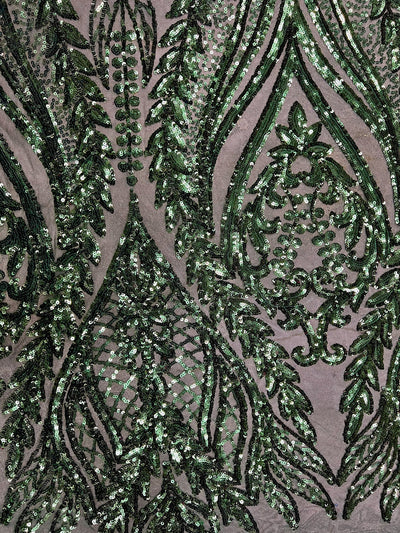 Isabella HUNTER GREEN Curlicue & Leaves Sequins on Mesh Lace Fabric by the Yard