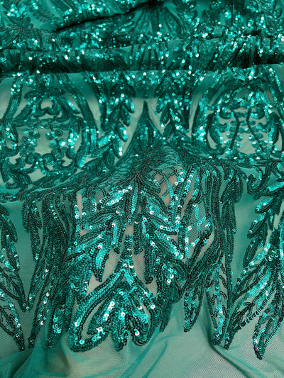 Isabella TEAL GREEN Curlicue & Leaves Sequins on Mesh Lace Fabric by the Yard