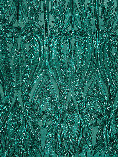 Isabella TEAL GREEN Curlicue & Leaves Sequins on Mesh Lace Fabric by the Yard