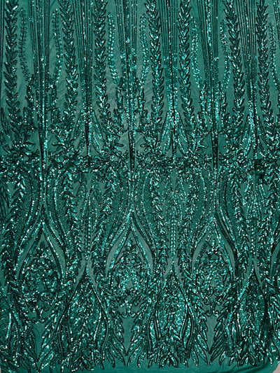 Isabella TEAL GREEN Curlicue & Leaves Sequins on Mesh Lace Fabric by the Yard