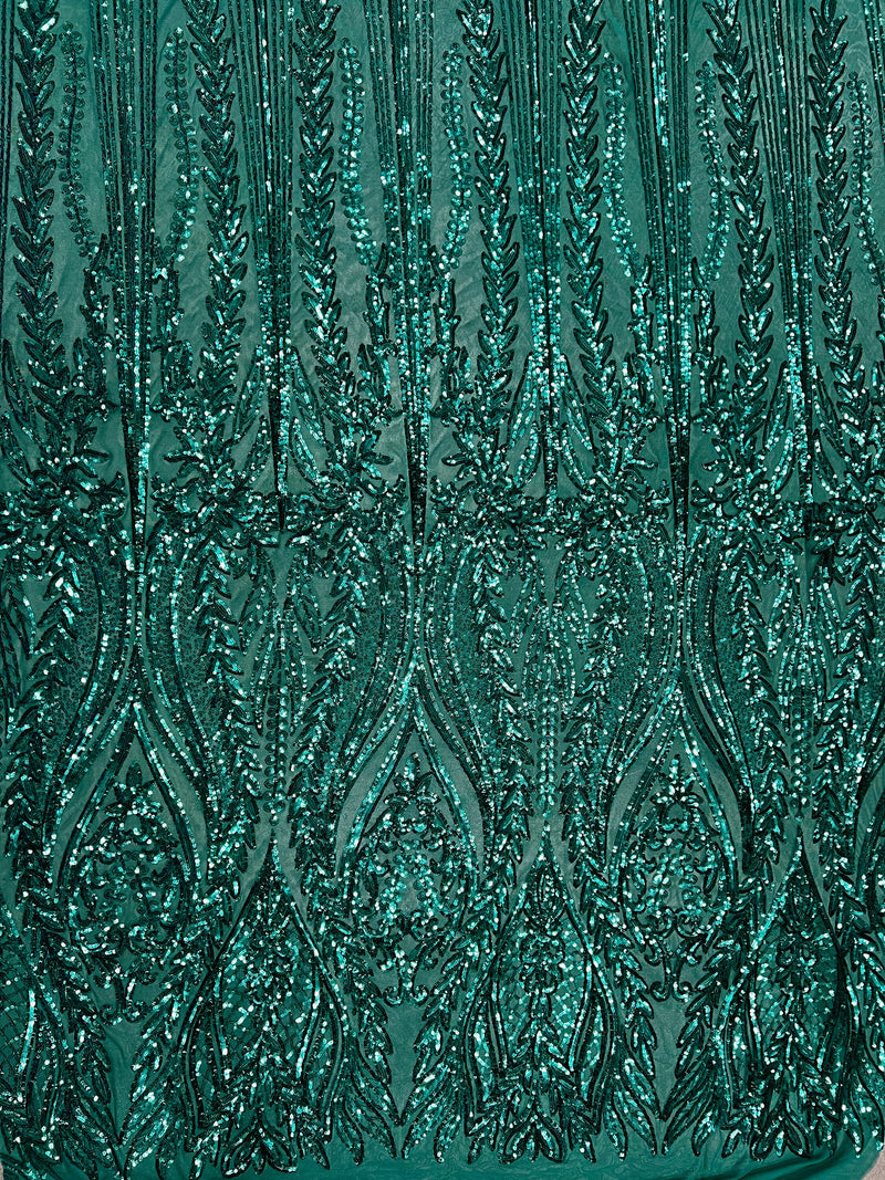 Isabella TEAL GREEN Curlicue & Leaves Sequins on Mesh Lace Fabric by the Yard