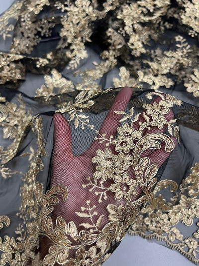 Cristina GOLD Polyester Floral Embroidery with Sequins on BLACK Mesh Lace Fabric by the Yard for Gown, Wedding, Bridesmaid, Prom - 10076