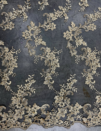 Cristina GOLD Polyester Floral Embroidery with Sequins on BLACK Mesh Lace Fabric by the Yard for Gown, Wedding, Bridesmaid, Prom - 10076