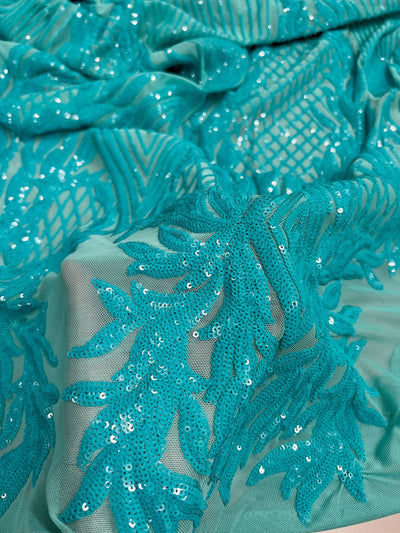Francesca AQUA Vines and Diamonds Pattern Sequins on Mesh Lace Fabric by the Yard - 10130