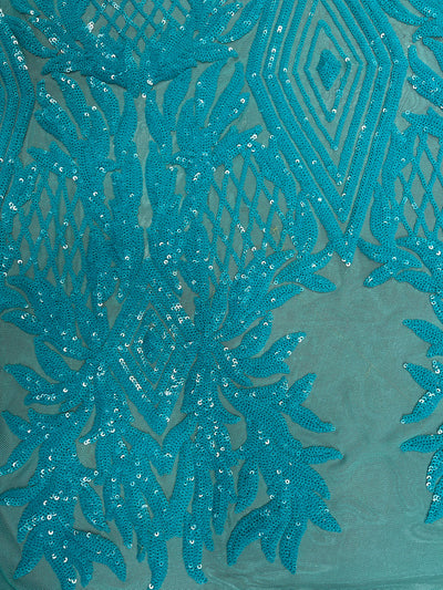 Francesca AQUA Vines and Diamonds Pattern Sequins on Mesh Lace Fabric by the Yard - 10130