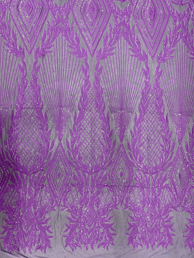 Francesca LILAC Vines and Diamonds Pattern Sequins on Mesh Lace Fabric by the Yard - 10130