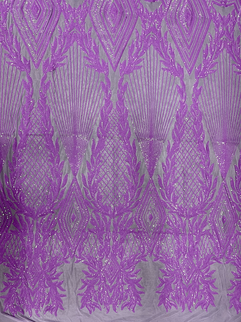 Francesca LILAC Vines and Diamonds Pattern Sequins on Mesh Lace Fabric by the Yard - 10130