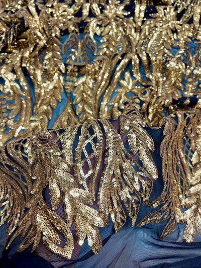 Isabella GOLD Curlicue & Leaves Sequins on BLACK Mesh Lace Fabric by the Yard