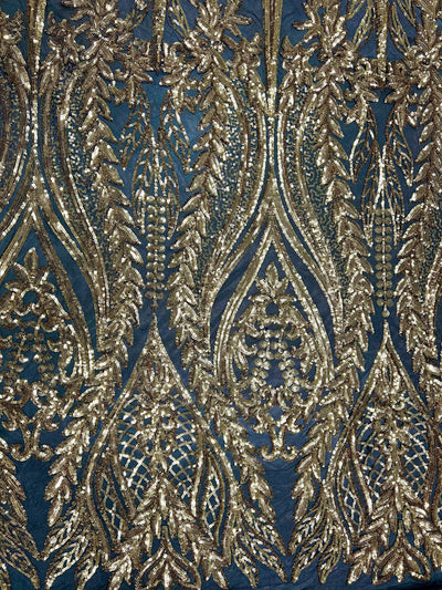 Isabella GOLD Curlicue & Leaves Sequins on BLACK Mesh Lace Fabric by the Yard