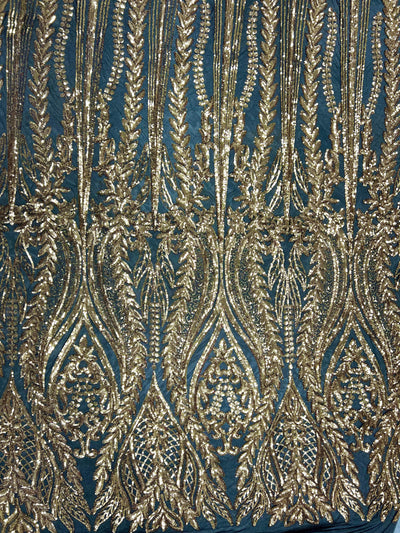 Isabella GOLD Curlicue & Leaves Sequins on BLACK Mesh Lace Fabric by the Yard