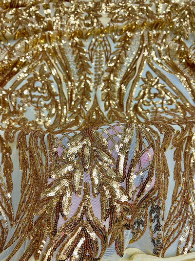 Isabella GOLD Curlicue & Leaves Sequins on Mesh Lace Fabric by the Yard