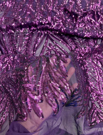 Isabella PLUM Curlicue & Leaves Sequins on Mesh Lace Fabric by the Yard