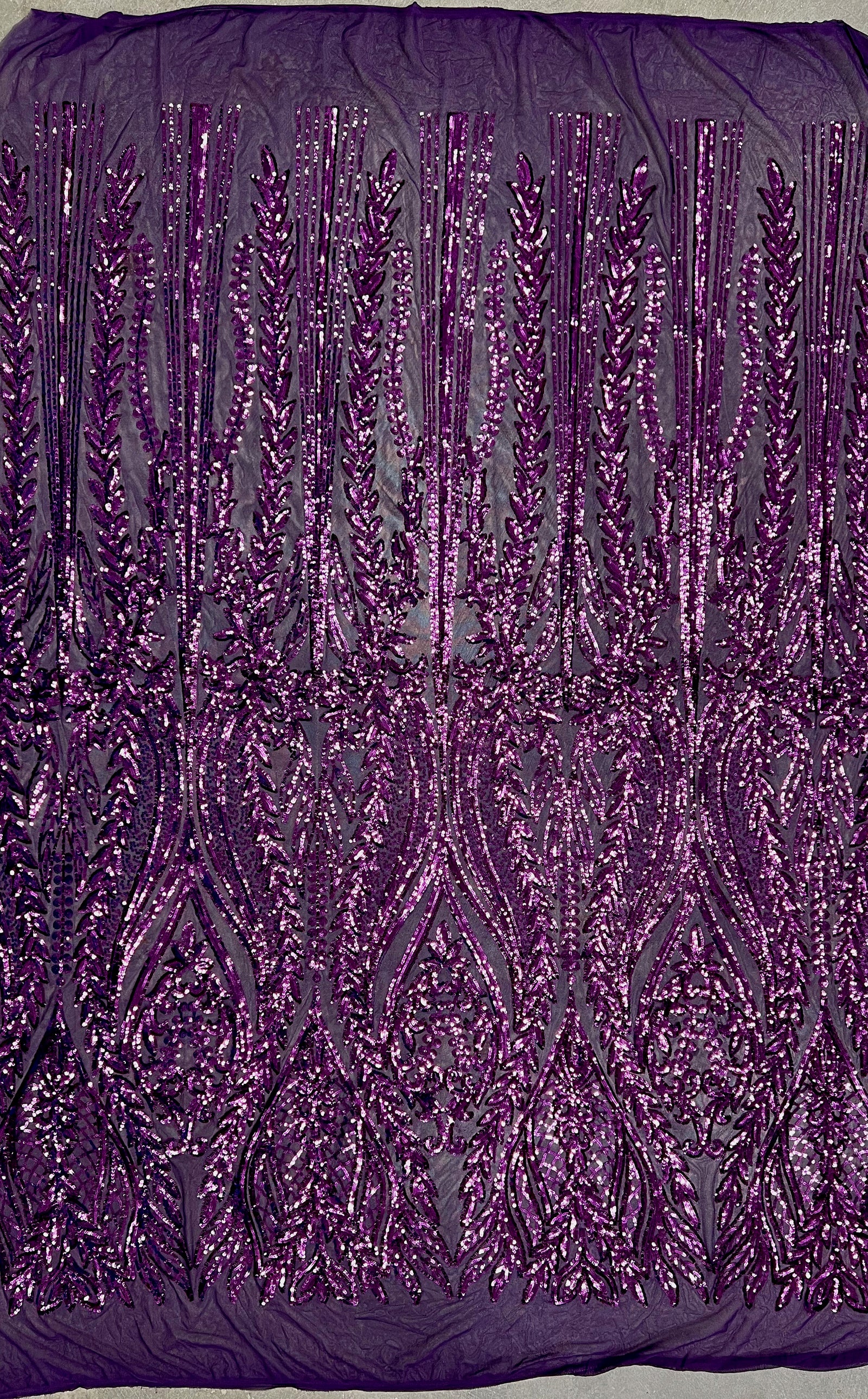 Isabella PLUM Curlicue & Leaves Sequins on Mesh Lace Fabric by the Yard