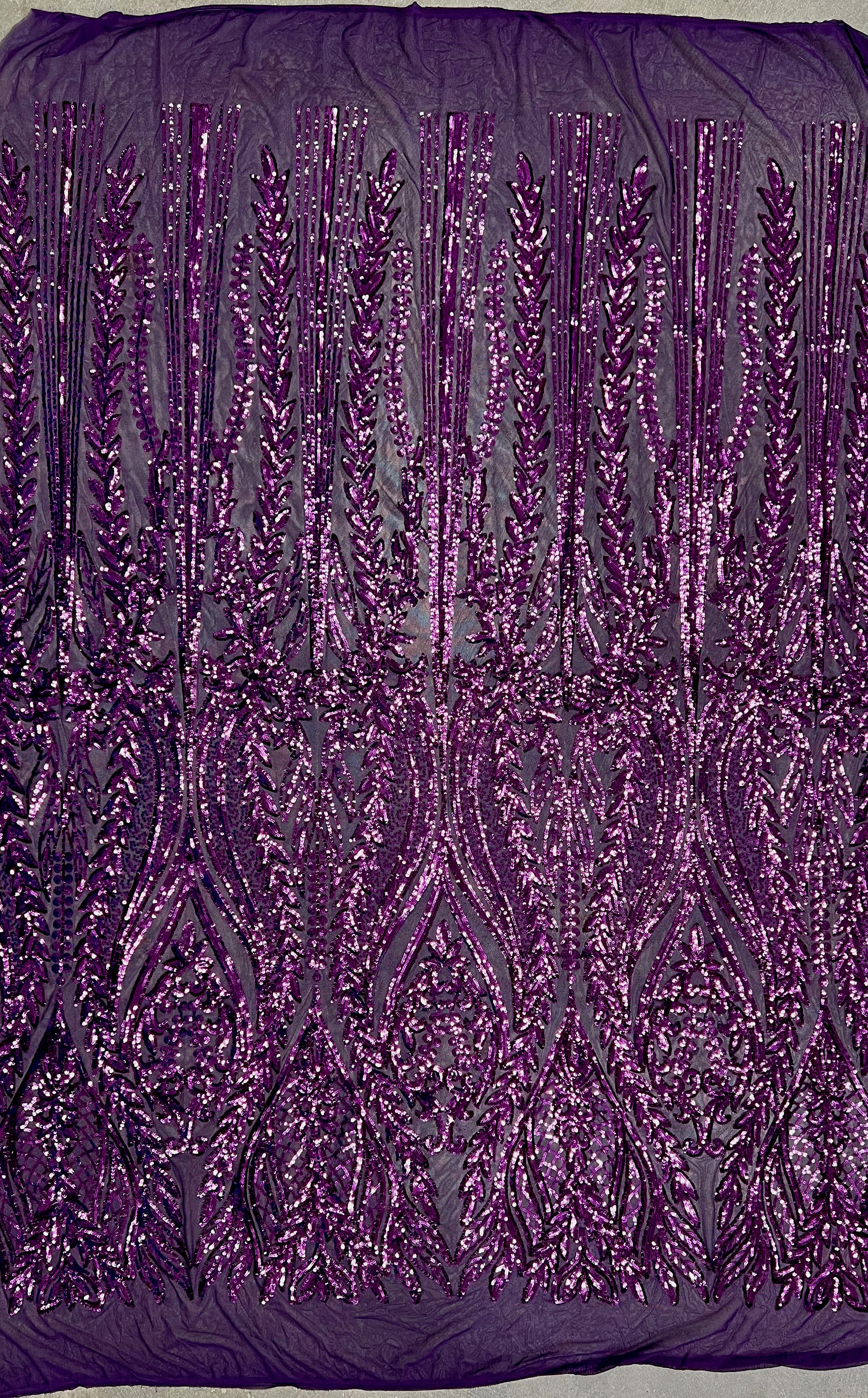 Isabella PLUM Curlicue & Leaves Sequins on Mesh Lace Fabric by the Yard