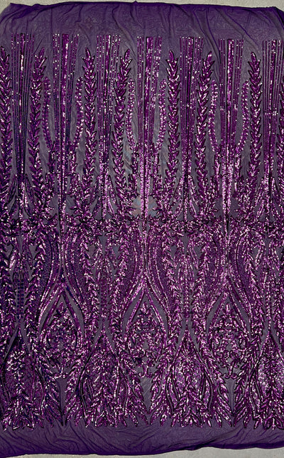 Isabella PLUM Curlicue & Leaves Sequins on Mesh Lace Fabric by the Yard