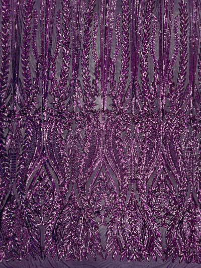 Isabella PLUM Curlicue & Leaves Sequins on Mesh Lace Fabric by the Yard