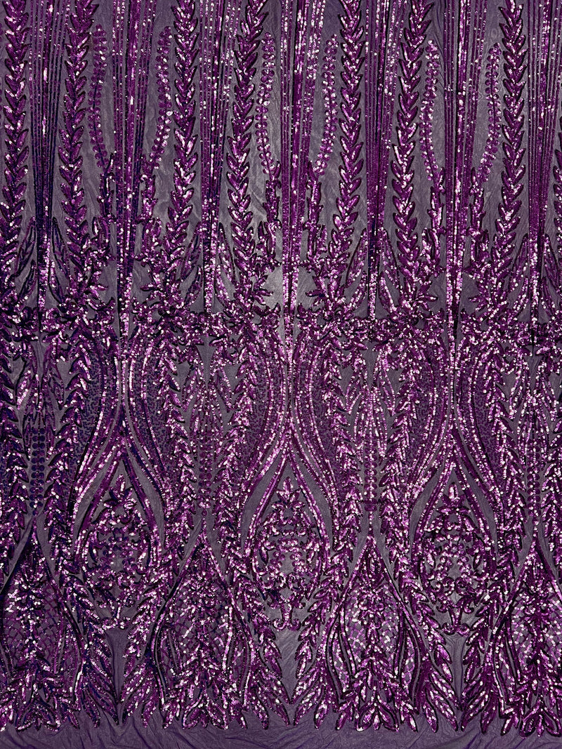 Isabella PLUM Curlicue & Leaves Sequins on Mesh Lace Fabric by the Yard