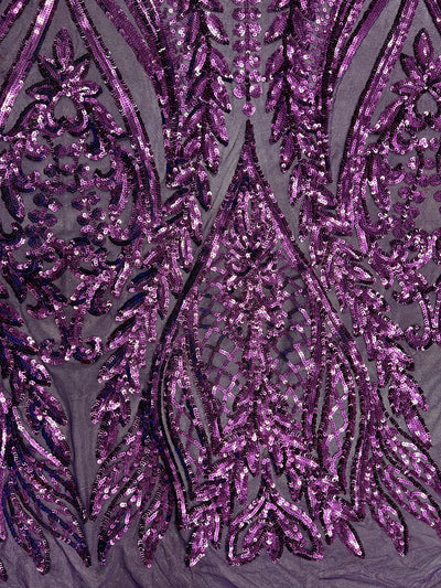 Isabella PLUM Curlicue & Leaves Sequins on Mesh Lace Fabric by the Yard