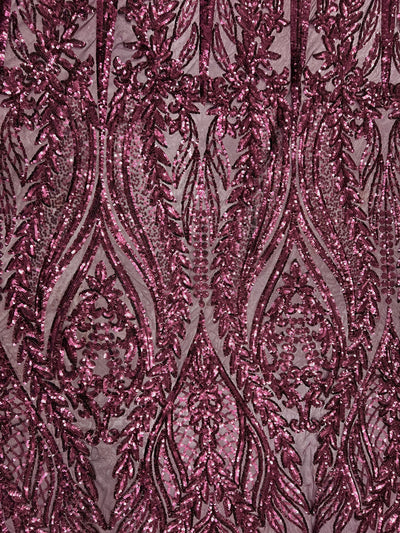 Isabella WINE Curlicue & Leaves Sequins on Mesh Lace Fabric by the Yard