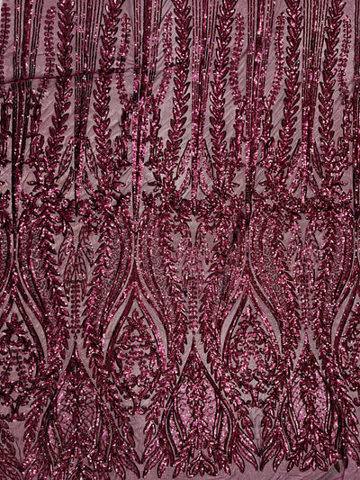 Isabella WINE Curlicue & Leaves Sequins on Mesh Lace Fabric by the Yard