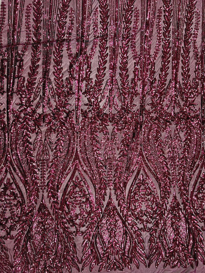 Isabella WINE Curlicue & Leaves Sequins on Mesh Lace Fabric by the Yard