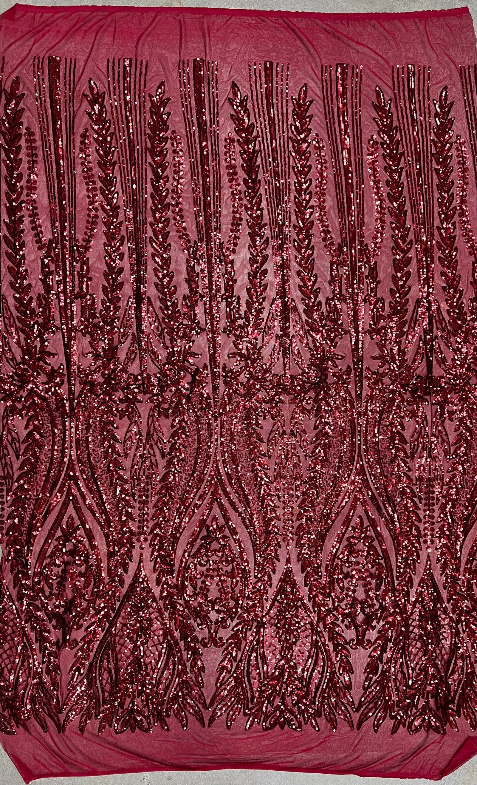 Isabella BURGUNDY Curlicue & Leaves Sequins on Mesh Lace Fabric by the Yard