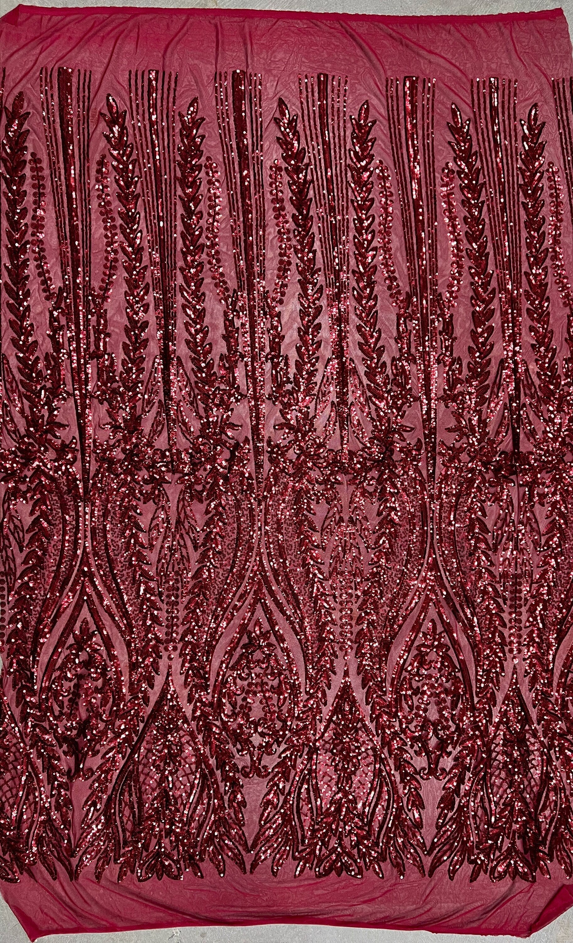 Isabella BURGUNDY Curlicue & Leaves Sequins on Mesh Lace Fabric by the Yard
