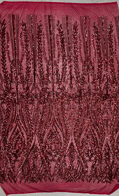 Isabella BURGUNDY Curlicue & Leaves Sequins on Mesh Lace Fabric by the Yard