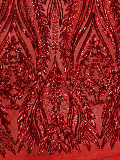 Isabella RED Curlicue & Leaves Sequins on Mesh Lace Fabric by the Yard