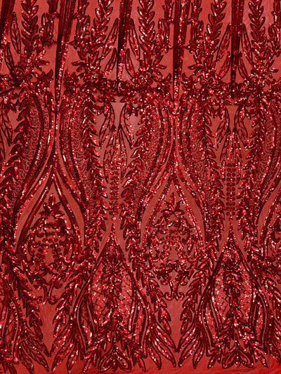 Isabella RED Curlicue & Leaves Sequins on Mesh Lace Fabric by the Yard