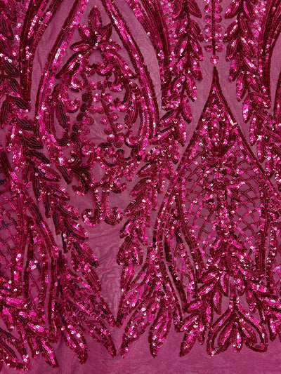 Isabella DARK PINK Curlicue & Leaves Sequins on Mesh Lace Fabric by the Yard