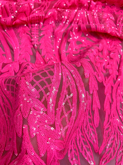 Isabella HOT PINK Curlicue & Leaves Sequins on Mesh Lace Fabric by the Yard