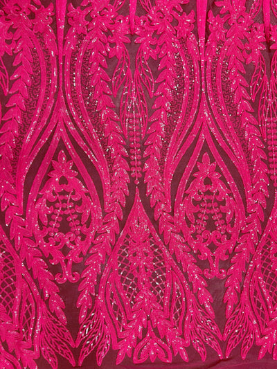 Isabella HOT PINK Curlicue & Leaves Sequins on Mesh Lace Fabric by the Yard