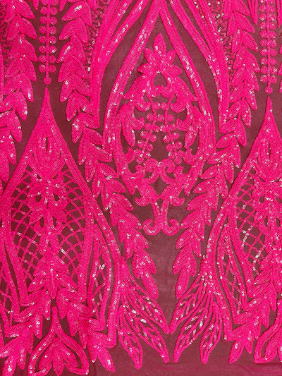 Isabella HOT PINK Curlicue & Leaves Sequins on Mesh Lace Fabric by the Yard
