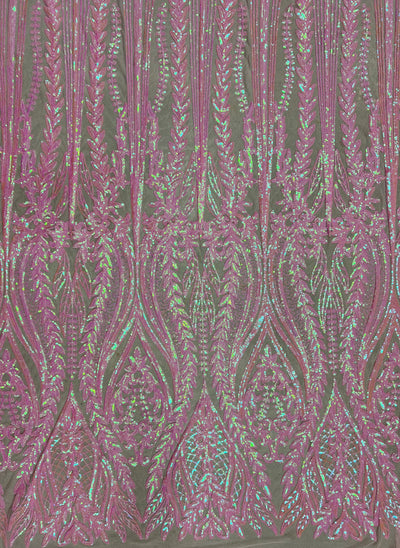 Isabella IRIDESCENT PINK Curlicue & Leaves Sequins on Mesh Lace Fabric by the Yard