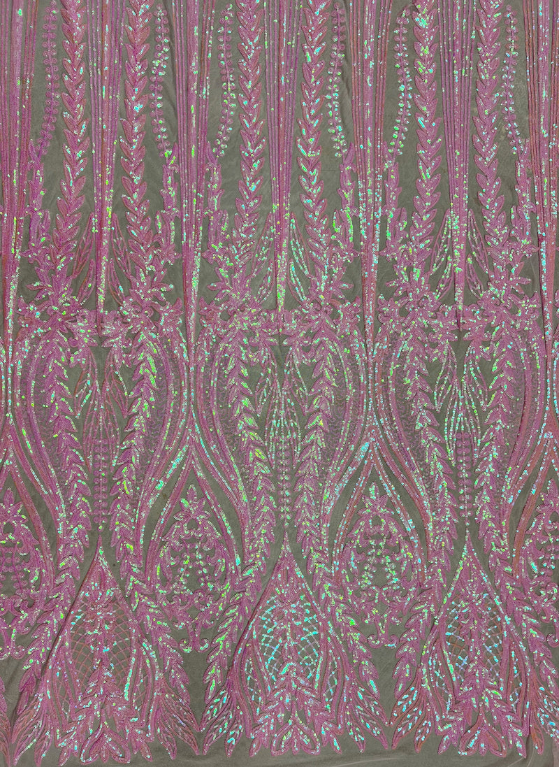 Isabella IRIDESCENT PINK Curlicue & Leaves Sequins on Mesh Lace Fabric by the Yard