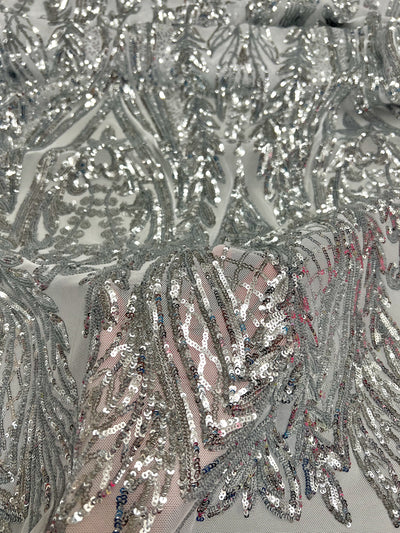 Isabella SILVER Curlicue & Leaves Sequins on WHITE Mesh Lace Fabric by the Yard