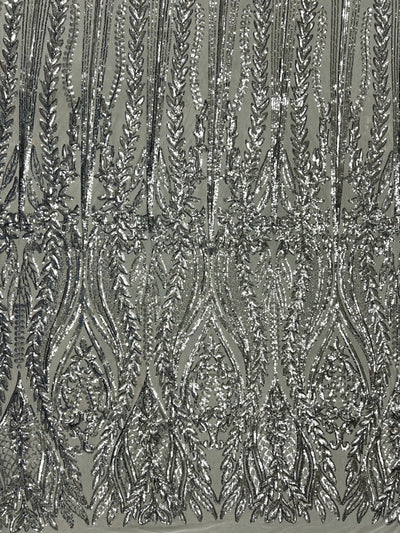 Isabella SILVER Curlicue & Leaves Sequins on WHITE Mesh Lace Fabric by the Yard