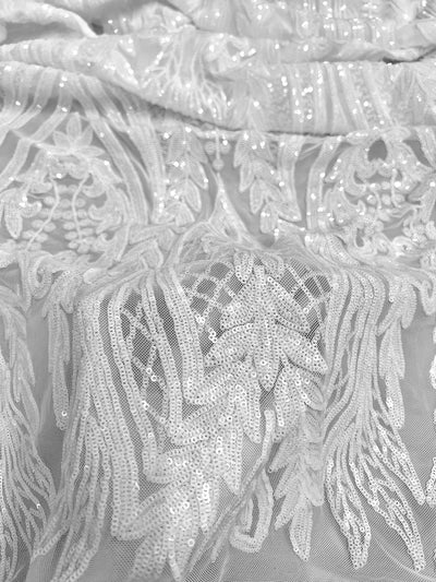 Isabella WHITE Curlicue & Leaves Sequins on Mesh Lace Fabric by the Yard