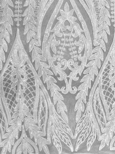 Isabella WHITE Curlicue & Leaves Sequins on Mesh Lace Fabric by the Yard