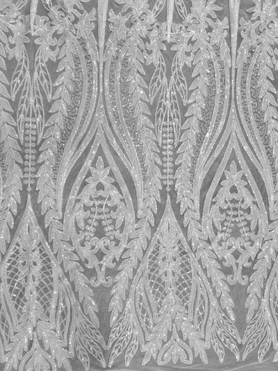 Isabella WHITE Curlicue & Leaves Sequins on Mesh Lace Fabric by the Yard