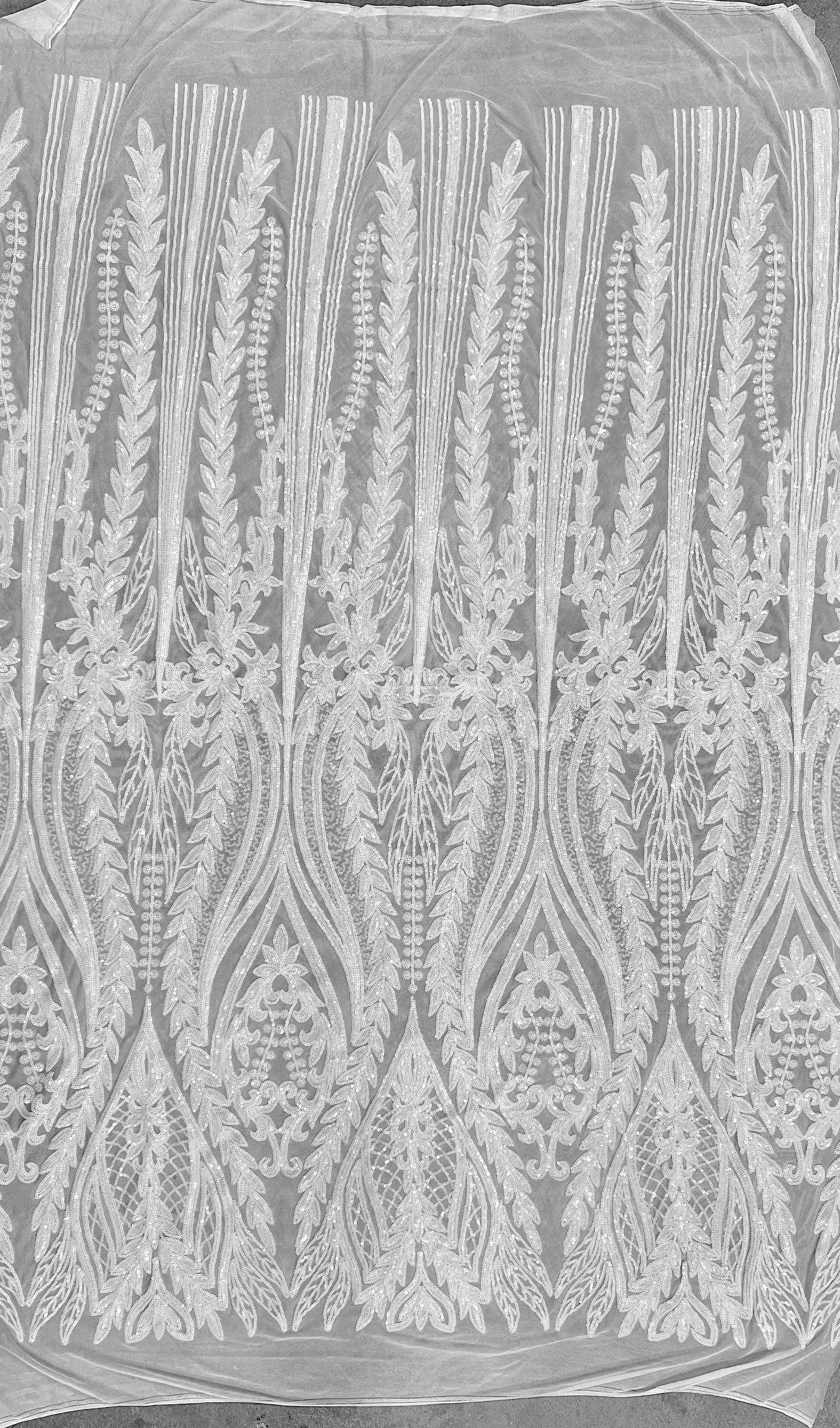 Isabella WHITE Curlicue & Leaves Sequins on Mesh Lace Fabric by the Yard
