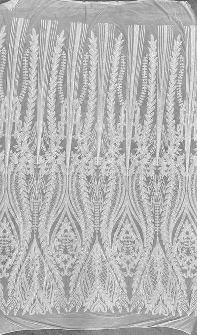 Isabella WHITE Curlicue & Leaves Sequins on Mesh Lace Fabric by the Yard