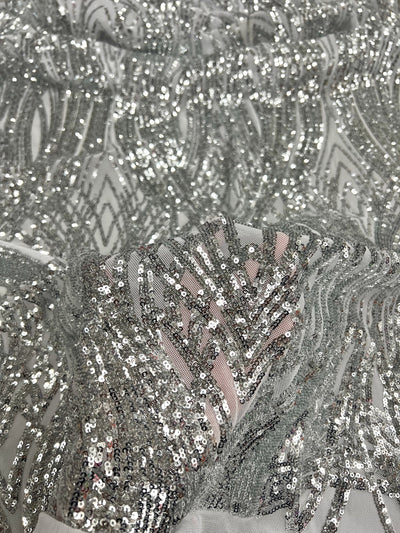 Athena SILVER Sequins on WHITE Mesh Lace Fabric by the Yard