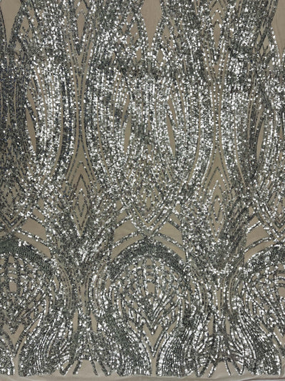Athena SILVER Sequins on WHITE Mesh Lace Fabric by the Yard