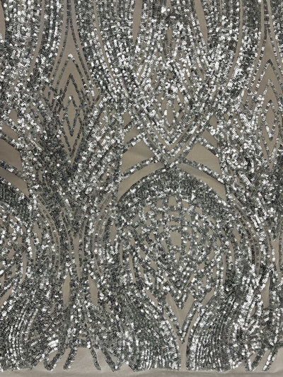 Athena SILVER Sequins on WHITE Mesh Lace Fabric by the Yard