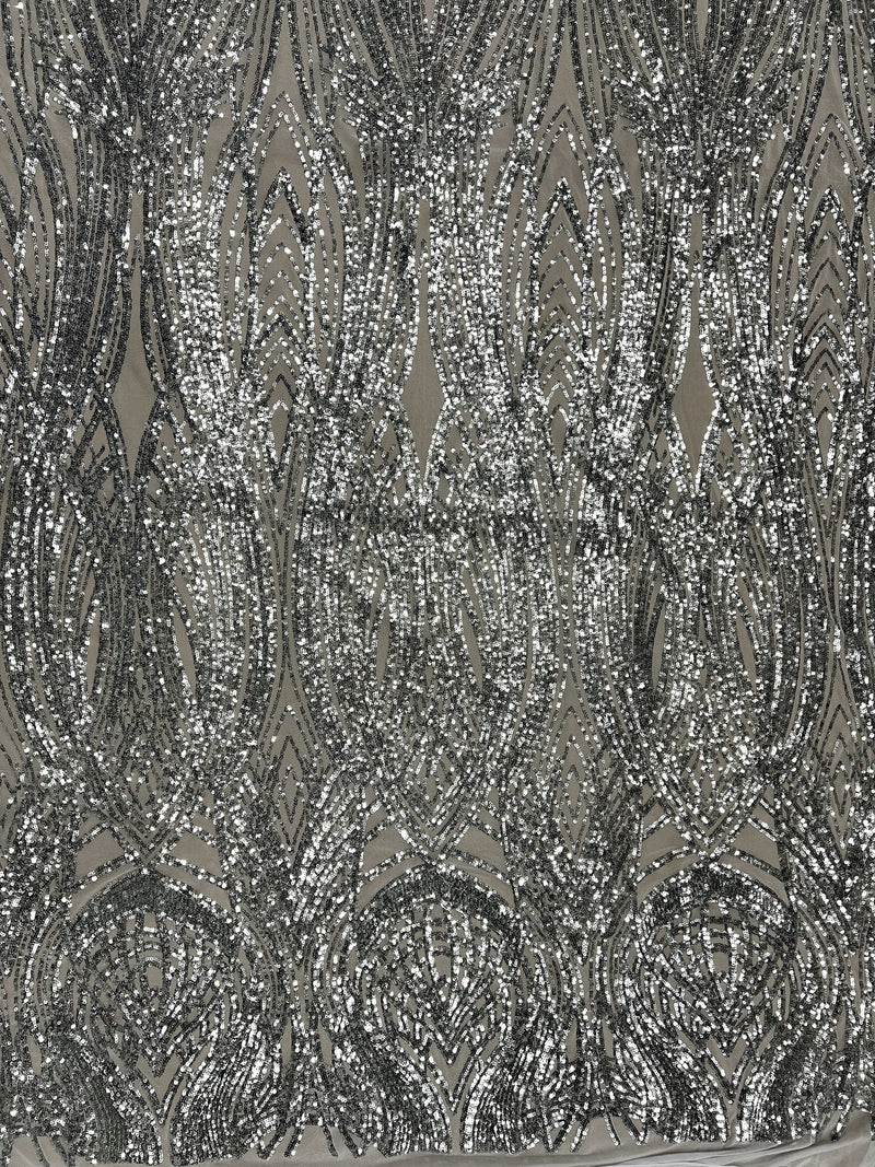 Athena SILVER Sequins on WHITE Mesh Lace Fabric by the Yard