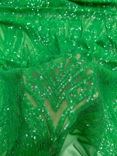 Athena GREEN Sequins on GREEN Mesh Lace Fabric by the Yard