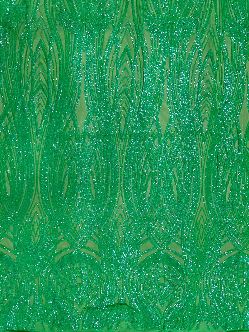 Athena GREEN Sequins on GREEN Mesh Lace Fabric by the Yard
