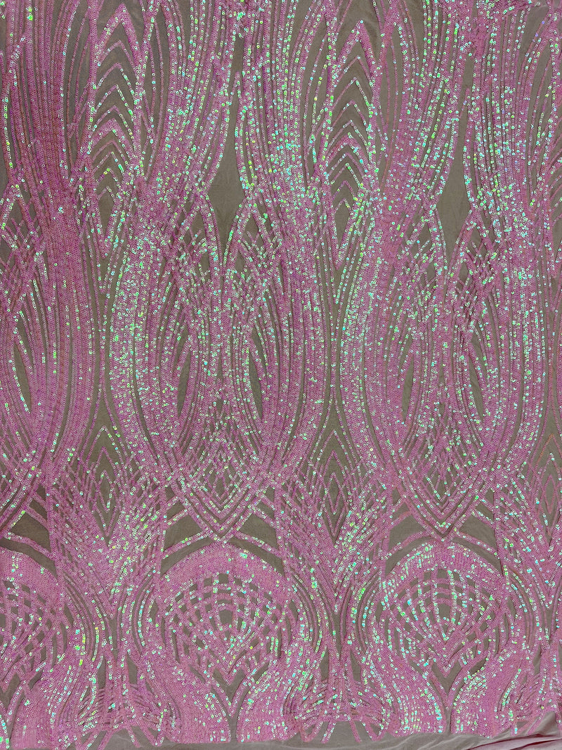 Athena Iridescent PINK Sequins on PINK Mesh Lace Fabric by the Yard